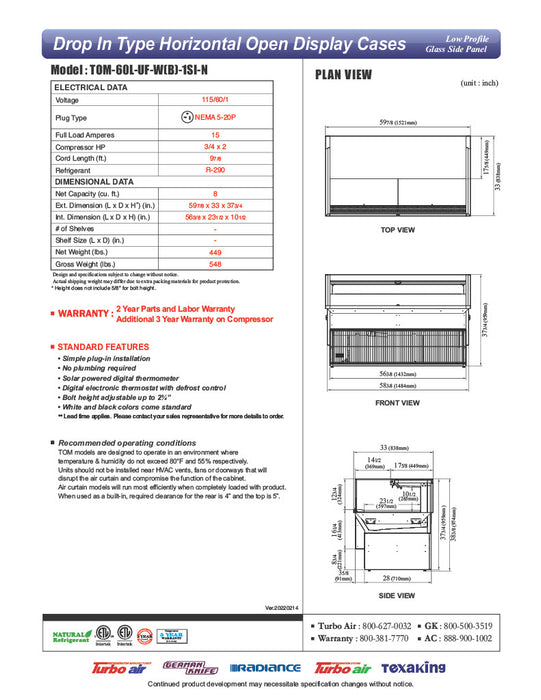 Turbo Air TOM-60L-UF-W-1SI-N 59 7/8" Drop-In Horizontal Open Air Cooler w/ (1) Level – White Exterior, 115v - Donut-Equipment.com