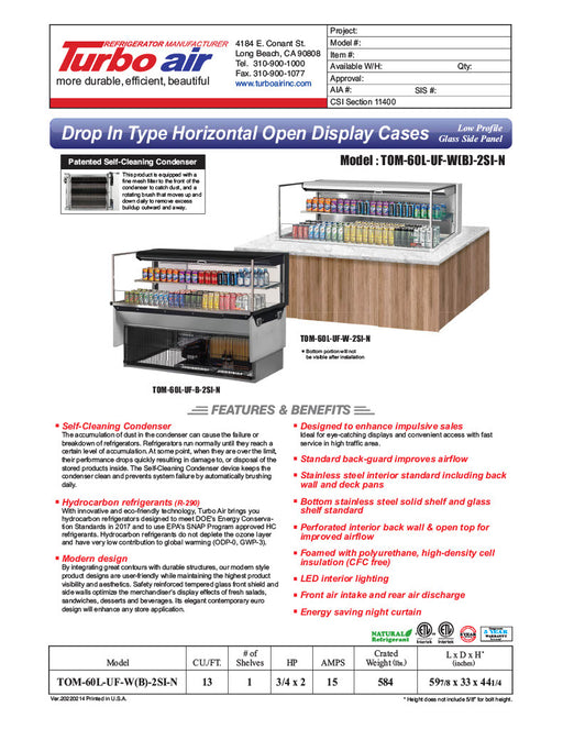 Turbo Air TOM-60L-UF-W-2SI-N 59 7/8" Drop-In Horizontal Open Air Cooler w/ (2) Levels – White Exterior, 115v - Donut-Equipment.com