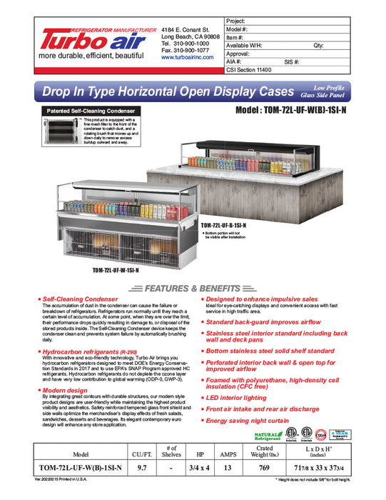 Turbo Air TOM-72L-UF-W-1SI-N 71 7/8" Drop-In Horizontal Open Air Cooler w/ (1) Level – White Exterior, 220v/1ph - Donut-Equipment.com