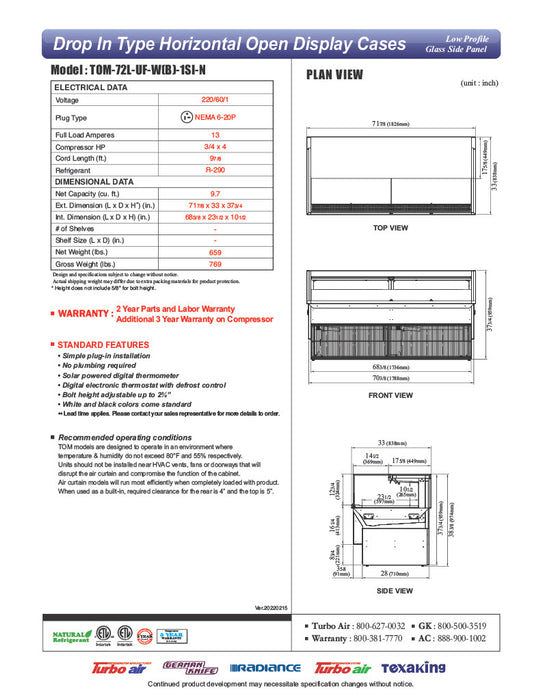 Turbo Air TOM-72L-UF-W-1SI-N 71 7/8" Drop-In Horizontal Open Air Cooler w/ (1) Level – White Exterior, 220v/1ph - Donut-Equipment.com