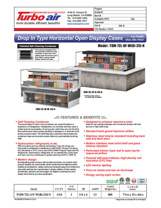 Turbo Air TOM-72L-UF-W-2SI-N 71 7/8" Drop-In Horizontal Open Air Cooler w/ (2) Levels – White Exterior, 220v/1ph - Donut-Equipment.com