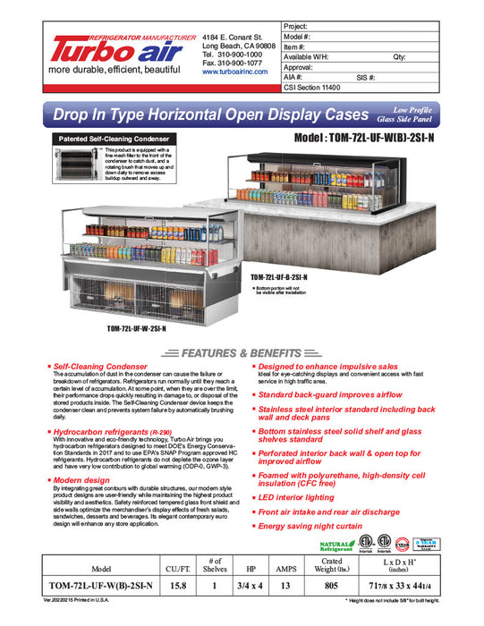 Turbo Air TOM-72L-UF-W-2SI-N 71 7/8" Drop-In Horizontal Open Air Cooler w/ (2) Levels – White Exterior, 220v/1ph - Donut-Equipment.com