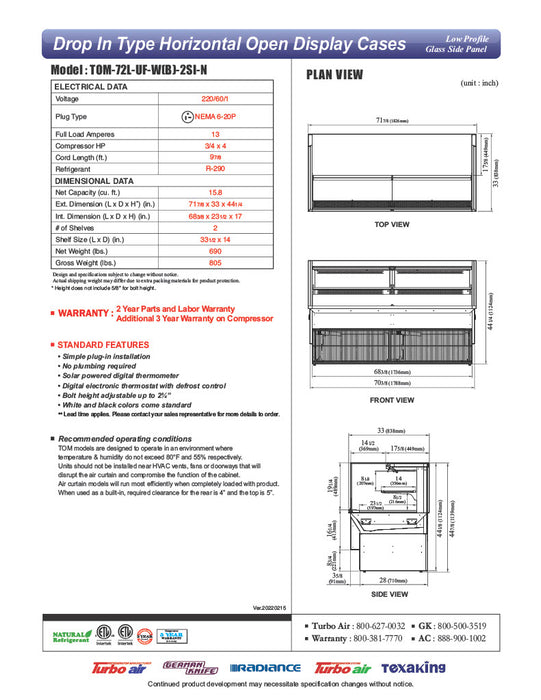 Turbo Air TOM-72L-UF-W-2SI-N 71 7/8" Drop-In Horizontal Open Air Cooler w/ (2) Levels – White Exterior, 220v/1ph - Donut-Equipment.com