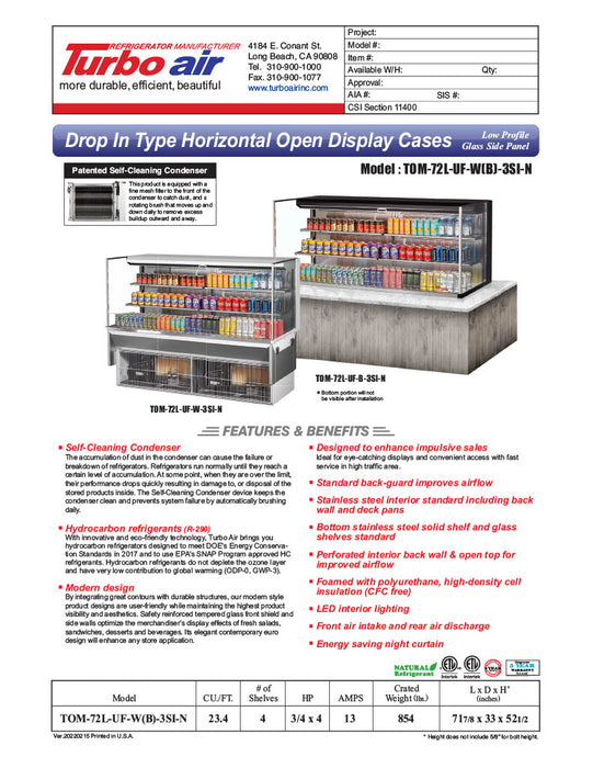 Turbo Air TOM-72L-UF-W-3SI-N 71 7/8" Drop-In Horizontal Open Air Cooler w/ (3) Levels – White Exterior, 220v/1ph - Donut-Equipment.com