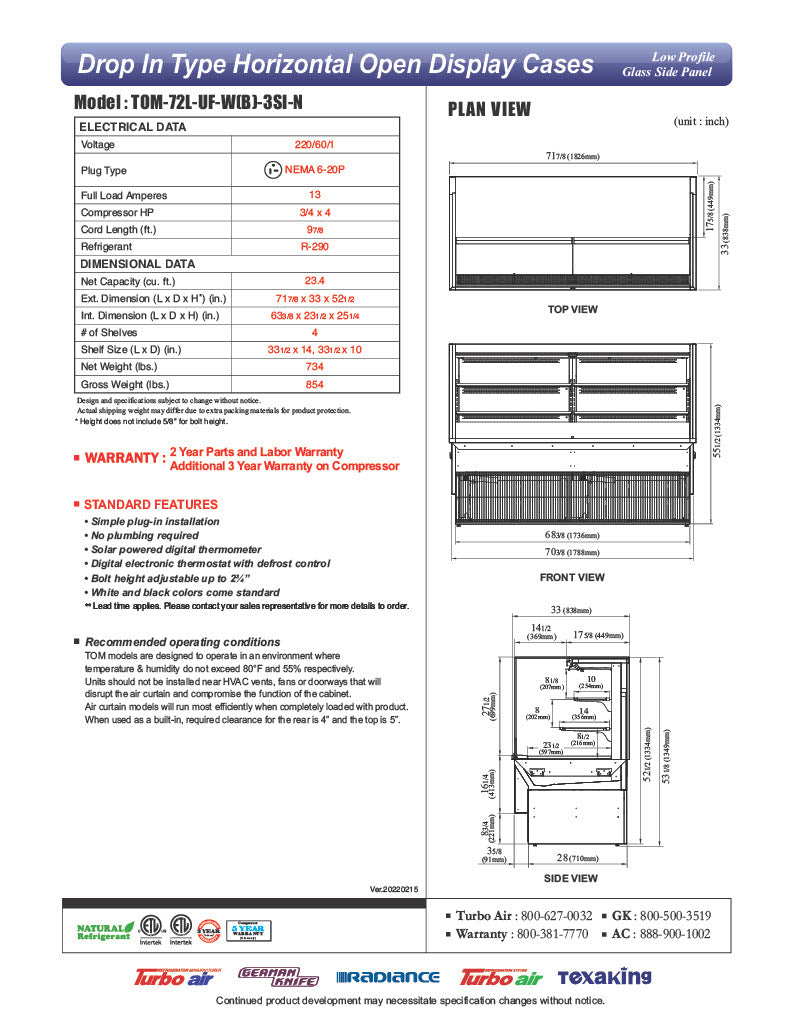 Turbo Air TOM-72L-UF-W-3SI-N 71 7/8" Drop-In Horizontal Open Air Cooler w/ (3) Levels – White Exterior, 220v/1ph - Donut-Equipment.com