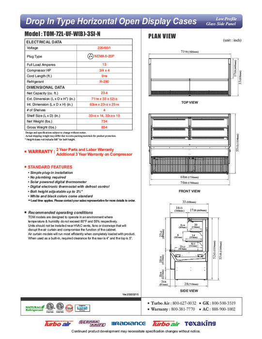 Turbo Air TOM-72L-UF-W-3SI-N 71 7/8" Drop-In Horizontal Open Air Cooler w/ (3) Levels – White Exterior, 220v/1ph - Donut-Equipment.com