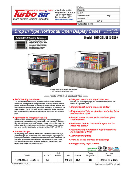Turbo Air TOM-36L-UF-S-2SI-N 36" Stainless Steel Drop-In Refrigerated Open Display Case Merchandiser – (2) Levels, 1 Shelf, 115v - Donut-Equipment.com