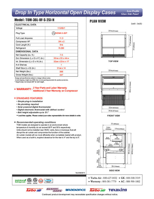 Turbo Air TOM-36L-UF-S-2SI-N 36" Stainless Steel Drop-In Refrigerated Open Display Case Merchandiser – (2) Levels, 1 Shelf, 115v - Donut-Equipment.com