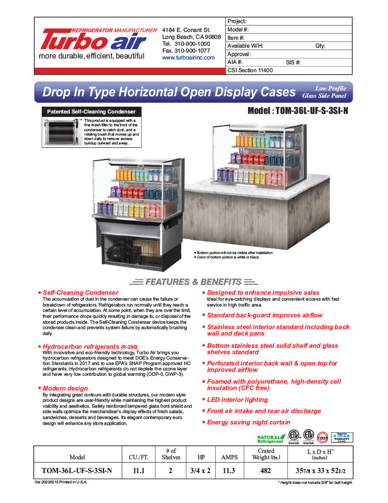 Turbo Air TOM-36L-UF-S-3SI-N 36" Stainless Steel Drop-In Refrigerated Open Display Case Merchandiser – (3) Levels, 2 Shelves, 115v - Donut-Equipment.com