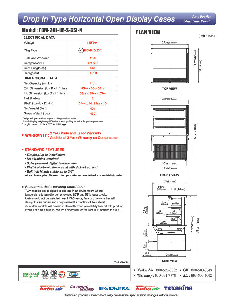 Turbo Air TOM-36L-UF-S-3SI-N 36" Stainless Steel Drop-In Refrigerated Open Display Case Merchandiser – (3) Levels, 2 Shelves, 115v - Donut-Equipment.com