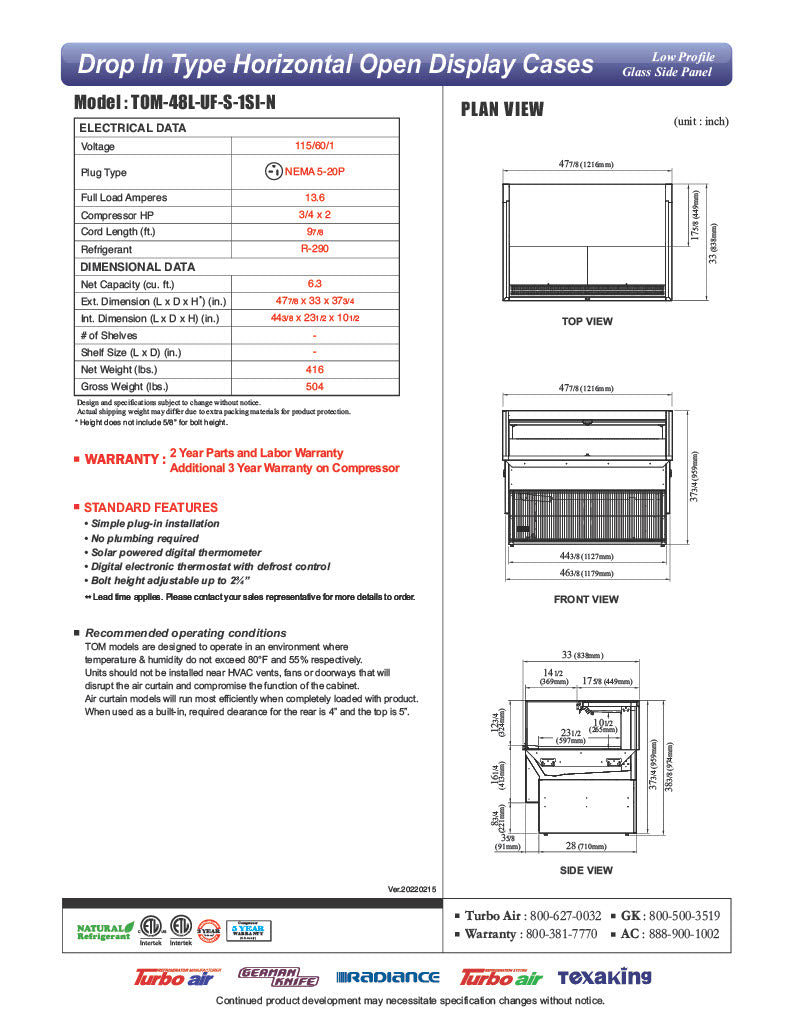 Turbo Air TOM-48L-UF-S-1SI-N 48" Stainless Steel Drop-In Refrigerated Open Display Case Merchandiser – (1) Level, 115v - Donut-Equipment.com