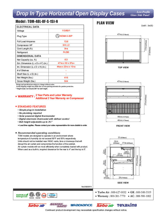 Turbo Air TOM-48L-UF-S-1SI-N 48" Stainless Steel Drop-In Refrigerated Open Display Case Merchandiser – (1) Level, 115v - Donut-Equipment.com