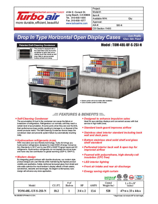 Turbo Air TOM-48L-UF-S-2SI-N 48" Stainless Steel Drop-In Refrigerated Open Display Case Merchandiser w/ (2) Levels, 115v - Donut-Equipment.com