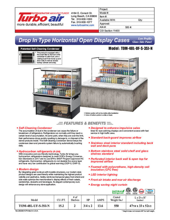 Turbo Air TOM-48L-UF-S-3SI-N 48" Stainless Steel Drop-In Refrigerated Open Display Case Merchandiser w/ (3) Levels, 115v - Donut-Equipment.com