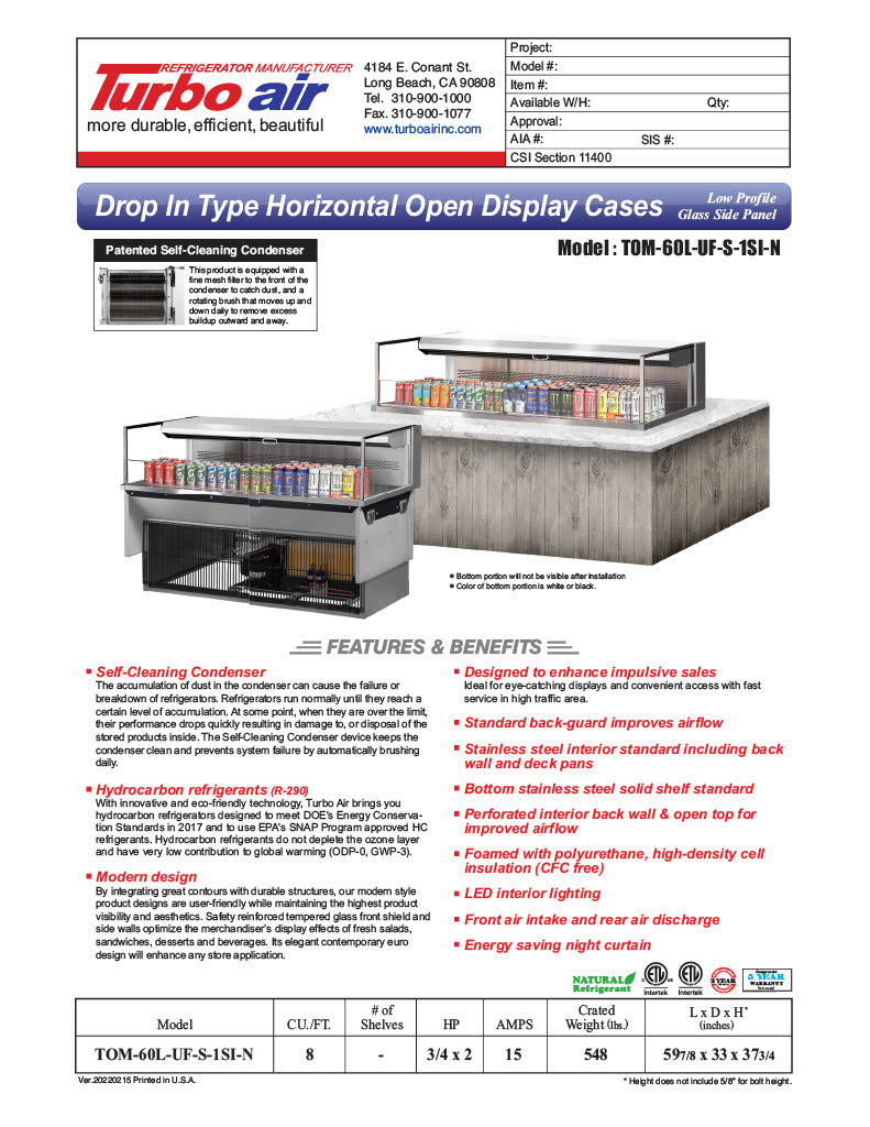 Turbo Air TOM-60L-UF-S-1SI-N 60" Stainless Steel Drop-In Refrigerated Open Display Case Merchandiser with (1) Level, 115v - Donut-Equipment.com