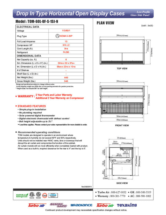 Turbo Air TOM-60L-UF-S-1SI-N 60" Stainless Steel Drop-In Refrigerated Open Display Case Merchandiser with (1) Level, 115v - Donut-Equipment.com