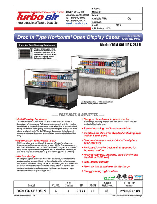 Turbo Air TOM-60L-UF-S-2SI-N 60" Stainless Steel Drop-In Refrigerated Open Display Case Merchandiser w/ (2) Levels, 115v - Donut-Equipment.com