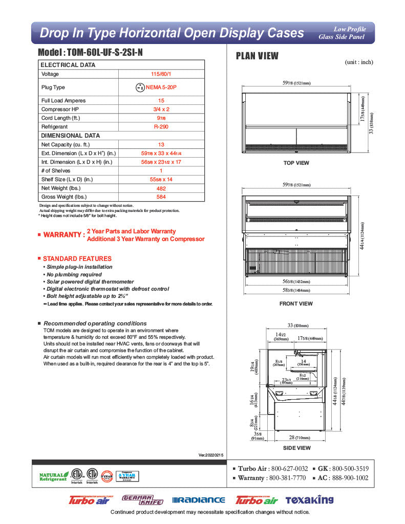 Turbo Air TOM-60L-UF-S-2SI-N 60" Stainless Steel Drop-In Refrigerated Open Display Case Merchandiser w/ (2) Levels, 115v - Donut-Equipment.com