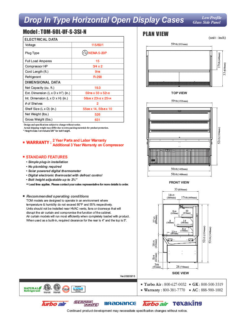Turbo Air TOM-60L-UF-S-3SI-N 60" Stainless Steel Drop-In Refrigerated Open Display Case Merchandiser w/ (3) Levels, 115v - Donut-Equipment.com