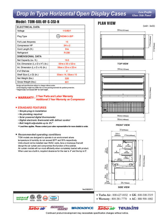 Turbo Air TOM-60L-UF-S-3SI-N 60" Stainless Steel Drop-In Refrigerated Open Display Case Merchandiser w/ (3) Levels, 115v - Donut-Equipment.com