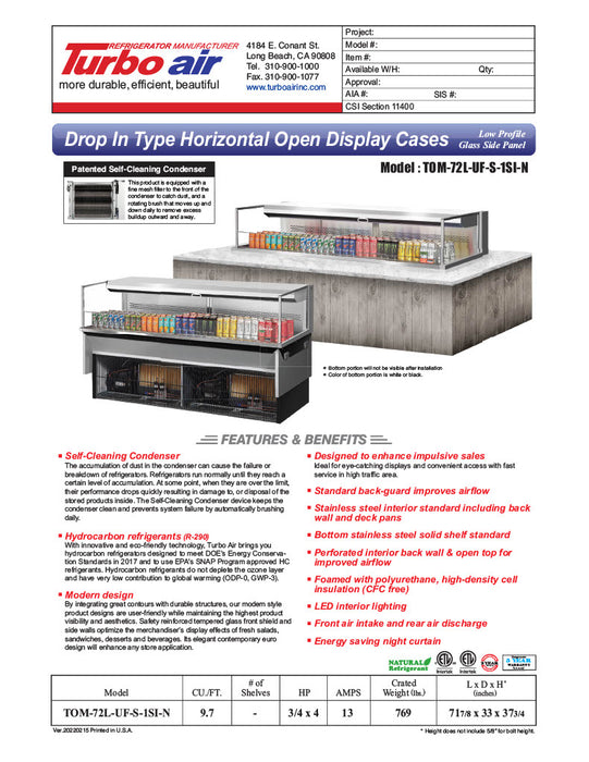 Turbo Air TOM-72L-UF-S-1SI-N 72" Stainless Steel Drop-In Refrigerated Open Display Case Merchandiser w/ (1) Level, 220v/1ph - Donut-Equipment.com