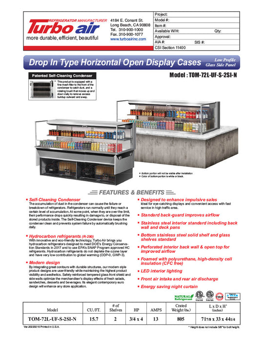 Turbo Air TOM-72L-UF-S-2SI-N 72" Stainless Steel Drop-In Refrigerated Open Display Case Merchandiser w/ (2) Levels, 220v/1ph - Donut-Equipment.com
