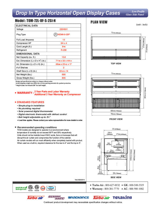 Turbo Air TOM-72L-UF-S-2SI-N 72" Stainless Steel Drop-In Refrigerated Open Display Case Merchandiser w/ (2) Levels, 220v/1ph - Donut-Equipment.com