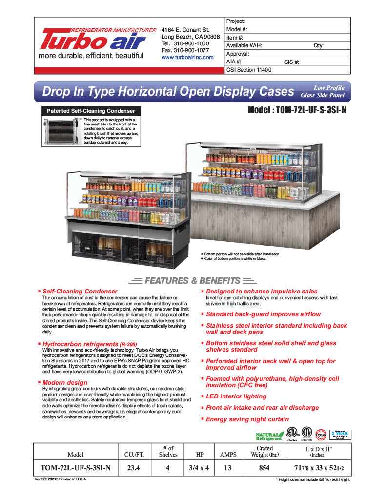 Turbo Air TOM-72L-UF-S-3S-N 71" Stainless Steel Horizontal Refrigerated Open Curtain Merchandiser w/ (4) Levels, 220v/1ph - Donut-Equipment.com