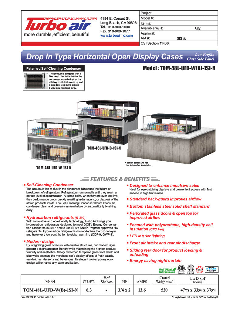 Turbo Air TOM-48L-UFD-W-1SI-N 48" Drop-In Horizontal Open Air Cooler w/ (1) Level – White Exterior, 115v - Donut-Equipment.com