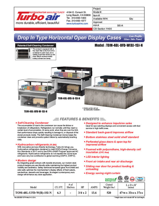 Turbo Air TOM-48L-UFD-W-1SI-N 48" Drop-In Horizontal Open Air Cooler w/ (1) Level – White Exterior, 115v - Donut-Equipment.com