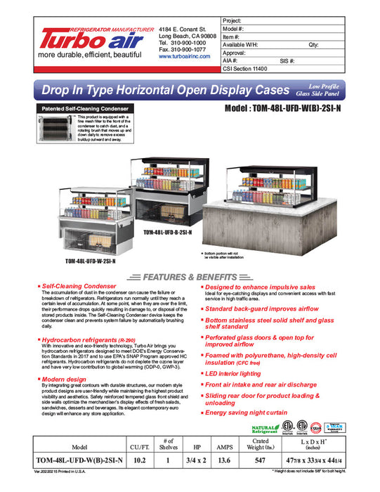 Turbo Air TOM-48L-UFD-W-2SI-N 48" Drop-In Horizontal Open Air Cooler w/ (2) Levels – White Exterior, 115v - Donut-Equipment.com