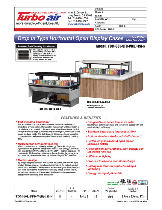 Turbo Air TOM-60L-UFD-W-1SI-N 60" Drop-In Horizontal Open Air Cooler w/ (1) Level – White Exterior, 115v - Donut-Equipment.com