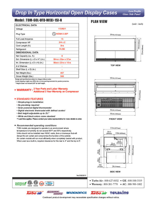 Turbo Air TOM-60L-UFD-W-1SI-N 60" Drop-In Horizontal Open Air Cooler w/ (1) Level – White Exterior, 115v - Donut-Equipment.com