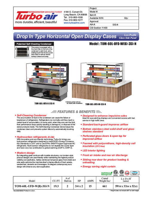 Turbo Air TOM-60L-UFD-W-3SI-N 60" Drop-In Horizontal Open Air Cooler w/ (3) Levels – White Exterior, 115v - Donut-Equipment.com