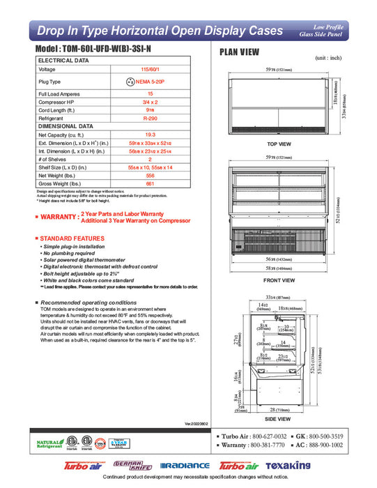 Turbo Air TOM-60L-UFD-W-3SI-N 60" Drop-In Horizontal Open Air Cooler w/ (3) Levels – White Exterior, 115v - Donut-Equipment.com