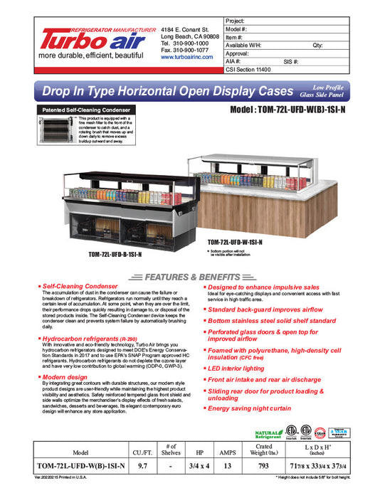 Turbo Air TOM-72L-UFD-W-1SI-N 72" Drop-In Horizontal Open Air Cooler w/ (1) Level – White Exterior, 220v/1ph - Donut-Equipment.com