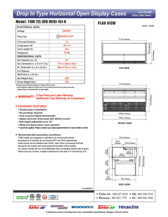 Turbo Air TOM-72L-UFD-W-1SI-N 72" Drop-In Horizontal Open Air Cooler w/ (1) Level – White Exterior, 220v/1ph - Donut-Equipment.com