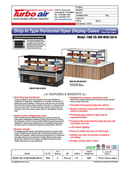 Turbo Air TOM-72L-UFD-W-2SI-N 72" Drop-In Horizontal Open Air Cooler w/ (2) Levels – White Exterior, 220v/1ph - Donut-Equipment.com