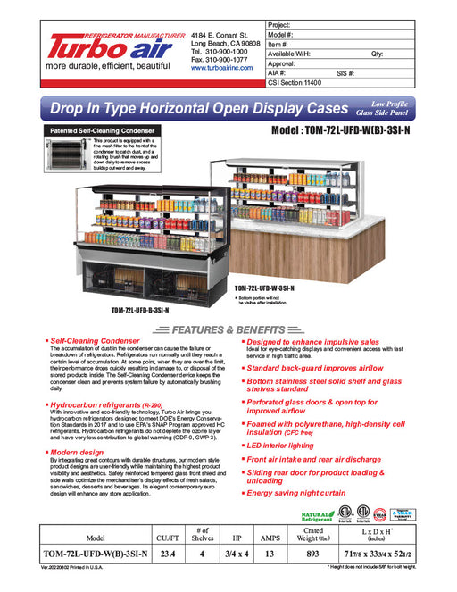 Turbo Air TOM-72L-UFD-W-3SI-N 72" Drop-In Horizontal Open Air Cooler w/ (3) Levels – White Exterior, 220v/1ph - Donut-Equipment.com