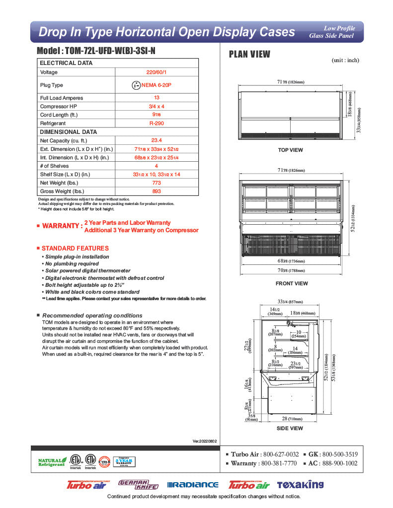 Turbo Air TOM-72L-UFD-W-3SI-N 72" Drop-In Horizontal Open Air Cooler w/ (3) Levels – White Exterior, 220v/1ph - Donut-Equipment.com