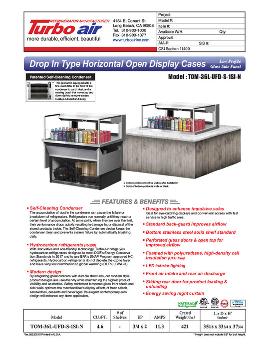 Turbo Air TOM-36L-UFD-S-1SI-N 36" Drop-In Horizontal Open Air Cooler w/ (1) Level – Stainless Steel Exterior, 115v - Donut-Equipment.com