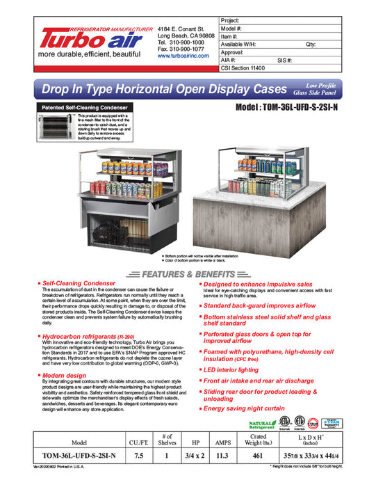 Turbo Air TOM-36L-UFD-S-2SI-N 36" Drop-In Horizontal Open Air Cooler w/ (2) Levels – Stainless Steel Exterior, 115v - Donut-Equipment.com
