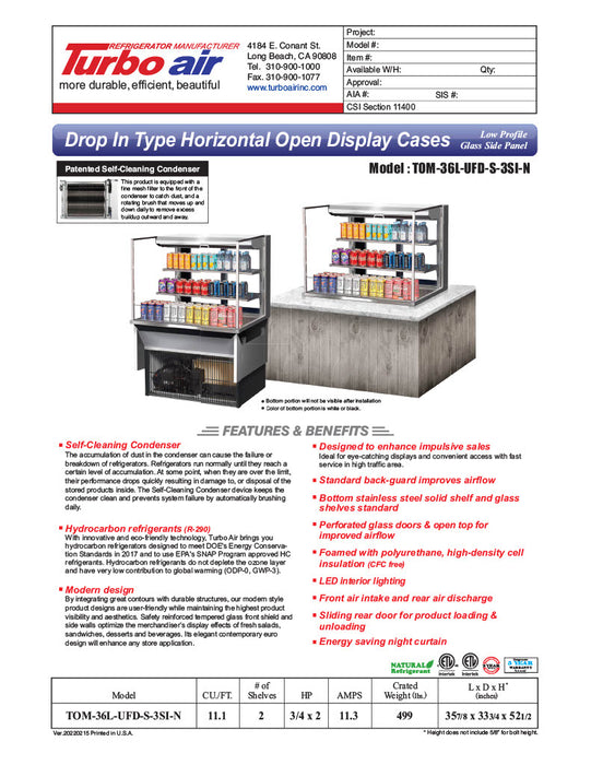Turbo Air TOM-36L-UFD-S-3SI-N 36" Drop-In Horizontal Open Air Cooler w/ (3) Levels – Stainless Steel Exterior, 115v - Donut-Equipment.com