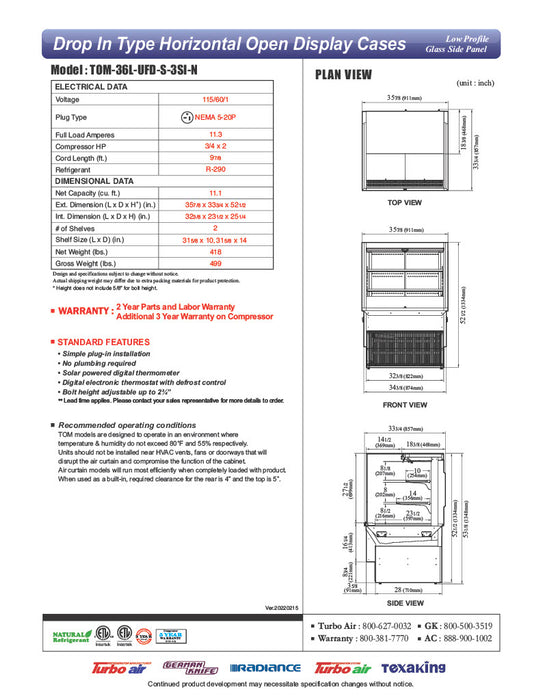 Turbo Air TOM-36L-UFD-S-3SI-N 36" Drop-In Horizontal Open Air Cooler w/ (3) Levels – Stainless Steel Exterior, 115v - Donut-Equipment.com