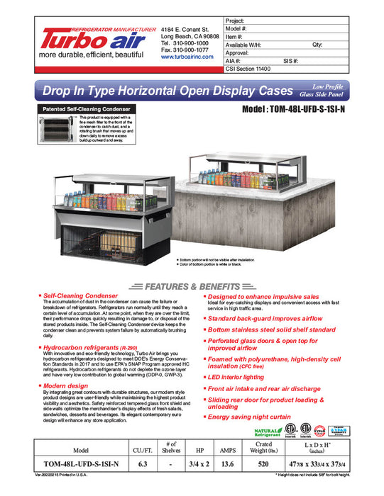 Turbo Air TOM-48L-UFD-S-1SI-N 48" Drop-In Horizontal Open Air Cooler w/ (1) Level – Stainless Steel Exterior, 115v - Donut-Equipment.com