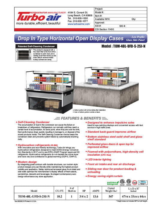 Turbo Air TOM-48L-UFD-S-2SI-N 48" Drop-In Horizontal Open Air Cooler w/ (2) Levels – Stainless Steel Exterior, 115v - Donut-Equipment.com