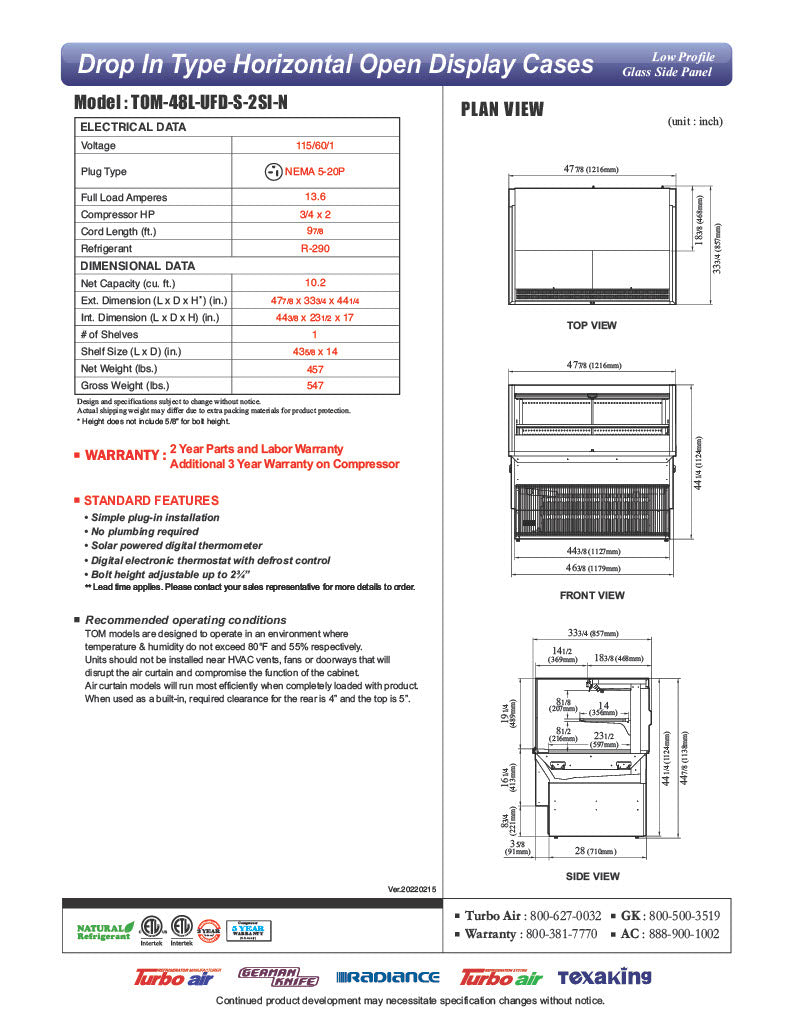Turbo Air TOM-48L-UFD-S-2SI-N 48" Drop-In Horizontal Open Air Cooler w/ (2) Levels – Stainless Steel Exterior, 115v - Donut-Equipment.com