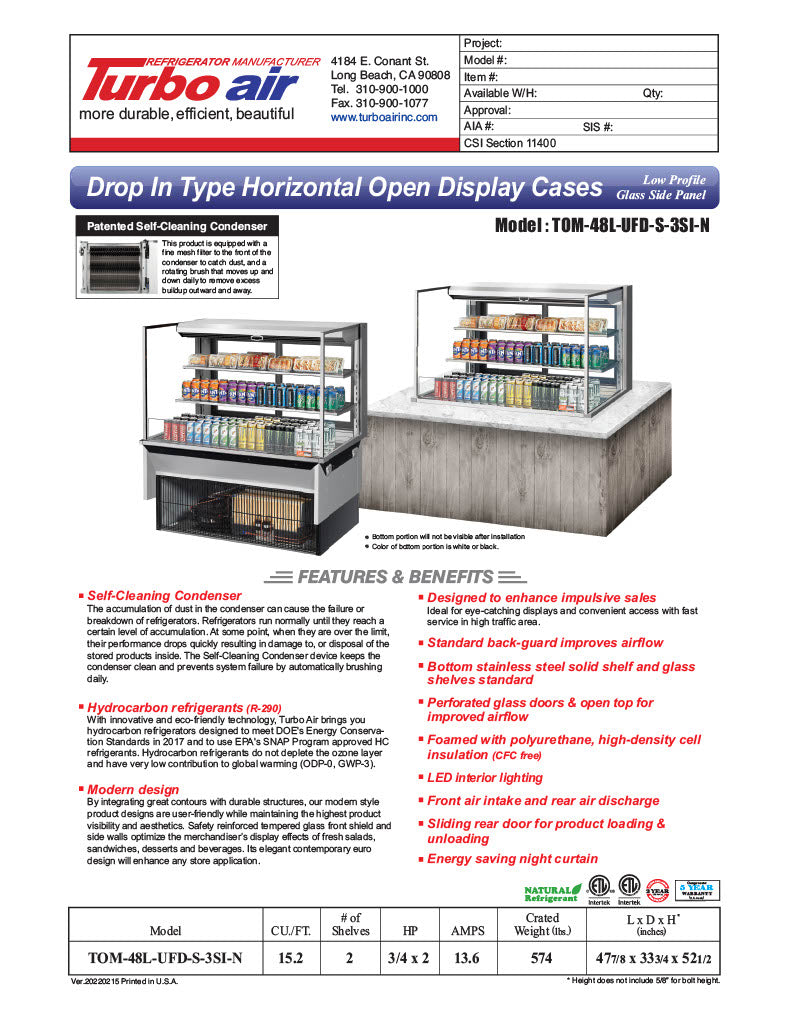 Turbo Air TOM-48L-UFD-S-3SI-N 48" Drop-In Horizontal Open Air Cooler w/ (3) Levels – Stainless Steel Exterior, 115v - Donut-Equipment.com