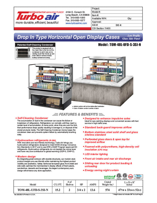 Turbo Air TOM-48L-UFD-S-3SI-N 48" Drop-In Horizontal Open Air Cooler w/ (3) Levels – Stainless Steel Exterior, 115v - Donut-Equipment.com