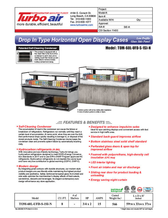 Turbo Air TOM-60L-UFD-S-1SI-N 60" Drop-In Horizontal Open Air Cooler w/ (1) Level – Stainless Steel Exterior, 115v - Donut-Equipment.com